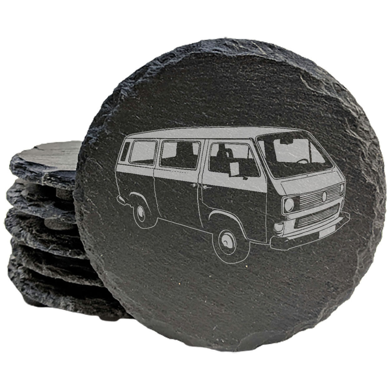 VW Bus Adventure: Set of Rustic Slate Coasters with Laser-Etched Vintage Volkswagen Design - Unique Home Decor for the Travel Enthusiast!