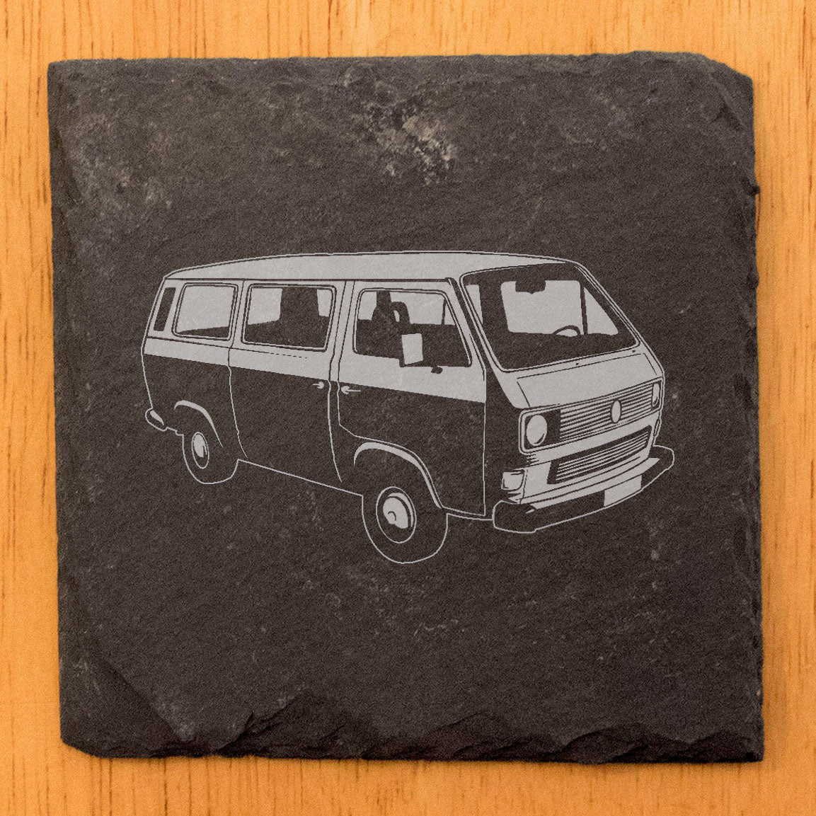 VW Bus Adventure: Set of Rustic Slate Coasters with Laser-Etched Vintage Volkswagen Design - Unique Home Decor for the Travel Enthusiast!