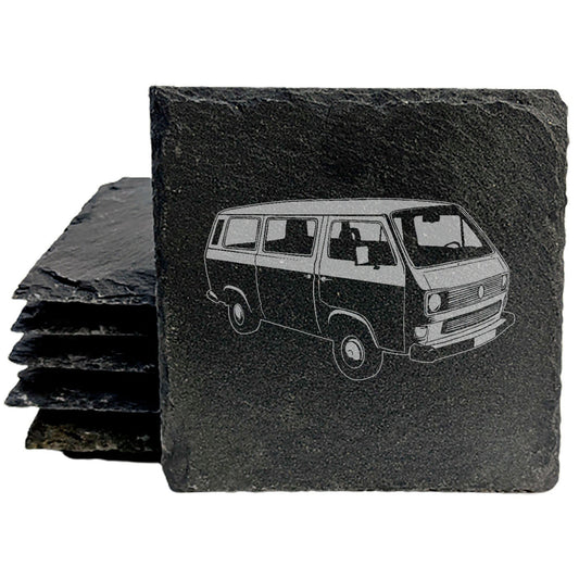 VW Bus Adventure: Set of Rustic Slate Coasters with Laser-Etched Vintage Volkswagen Design - Unique Home Decor for the Travel Enthusiast!