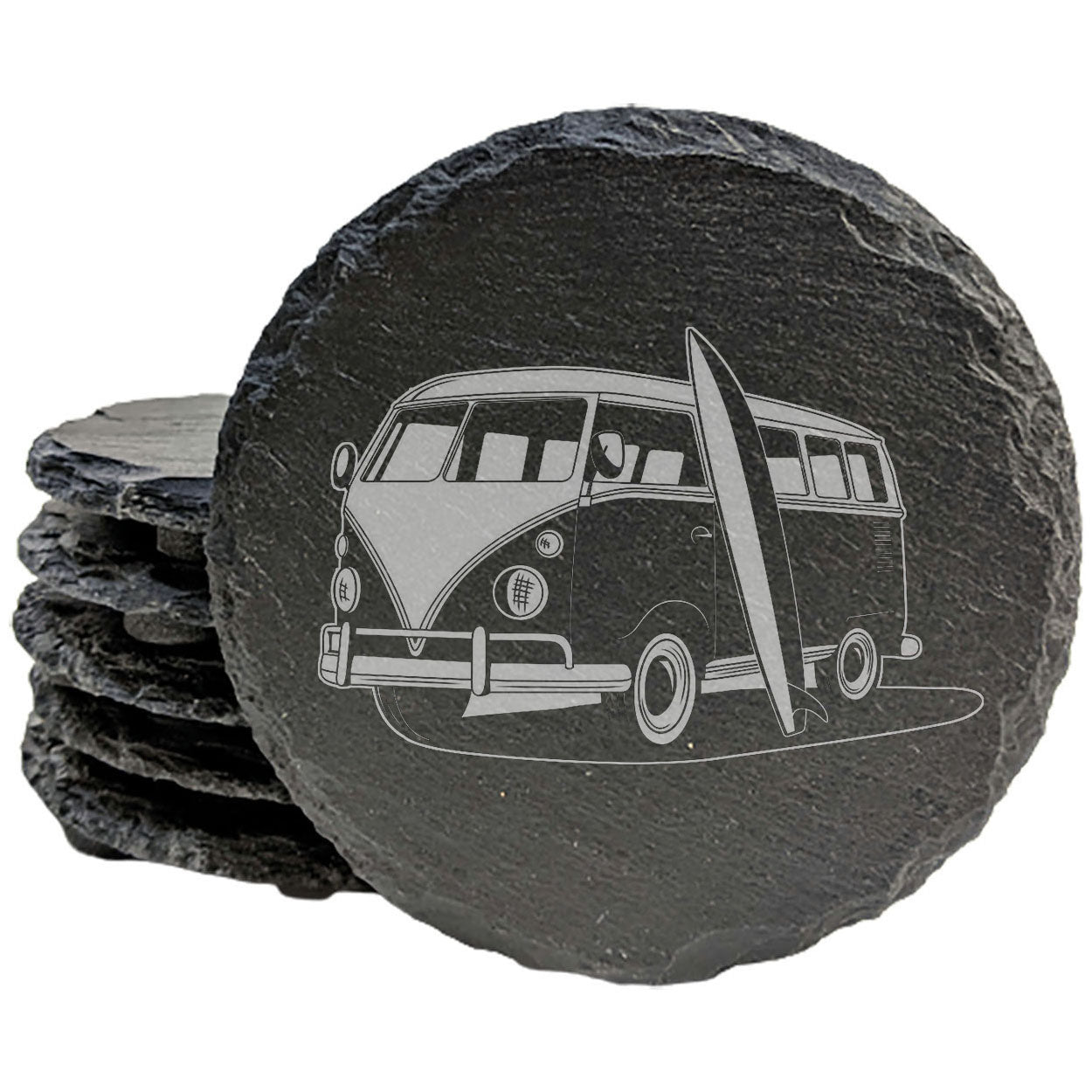 Surf's Up! Vintage VW Bus Slate Coasters - Laser-Etched Design for Beach Vibes &amp; Protection - Set of Stylish Drink Coasters