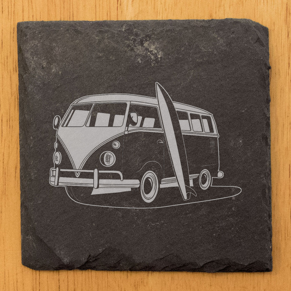 Surf's Up! Vintage VW Bus Slate Coasters - Laser-Etched Design for Beach Vibes &amp; Protection - Set of Stylish Drink Coasters