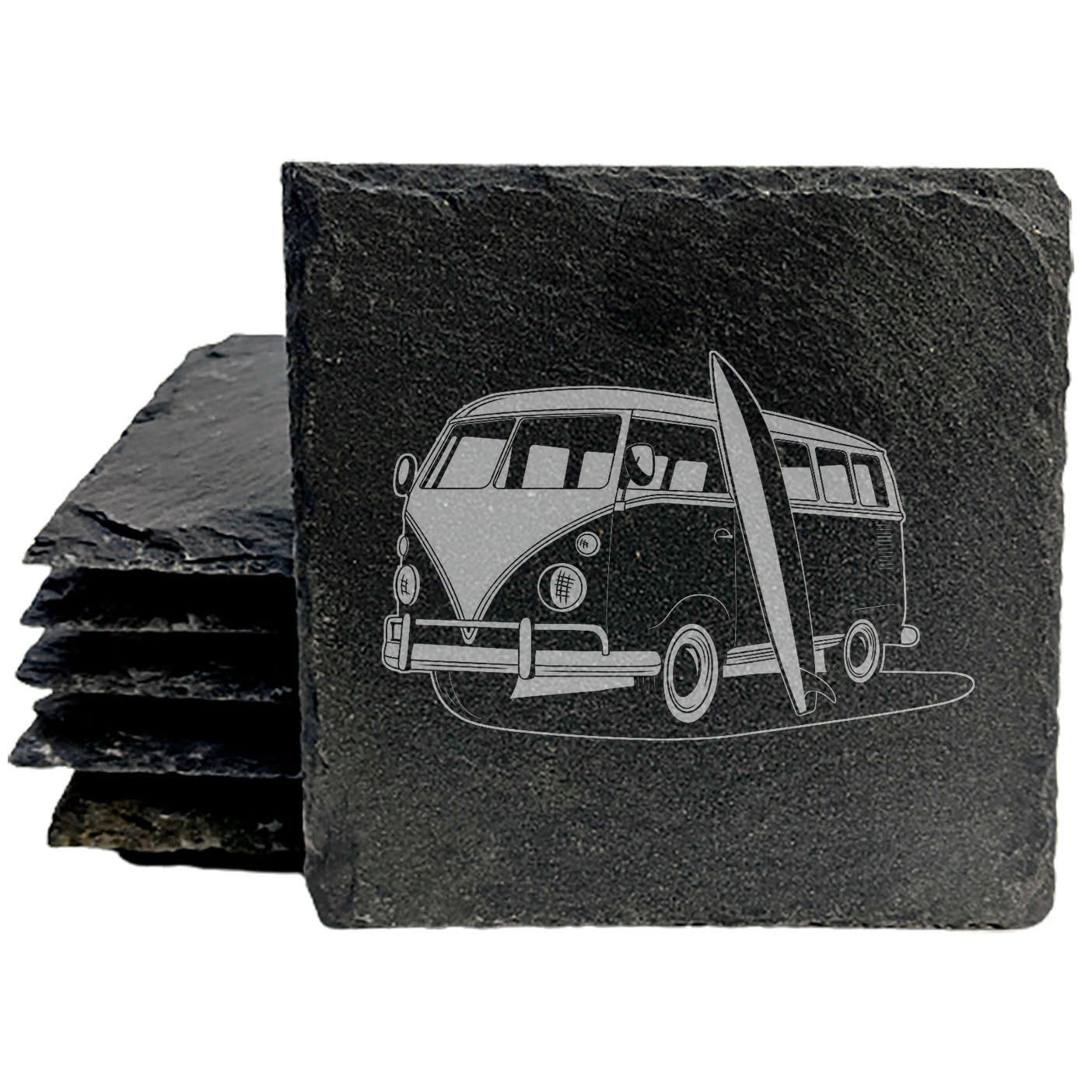 Surf's Up! Vintage VW Bus Slate Coasters - Laser-Etched Design for Beach Vibes &amp; Protection - Set of Stylish Drink Coasters