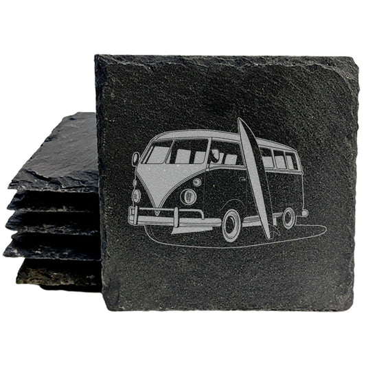 Surf's Up! Vintage VW Bus Slate Coasters - Laser-Etched Design for Beach Vibes &amp; Protection - Set of Stylish Drink Coasters