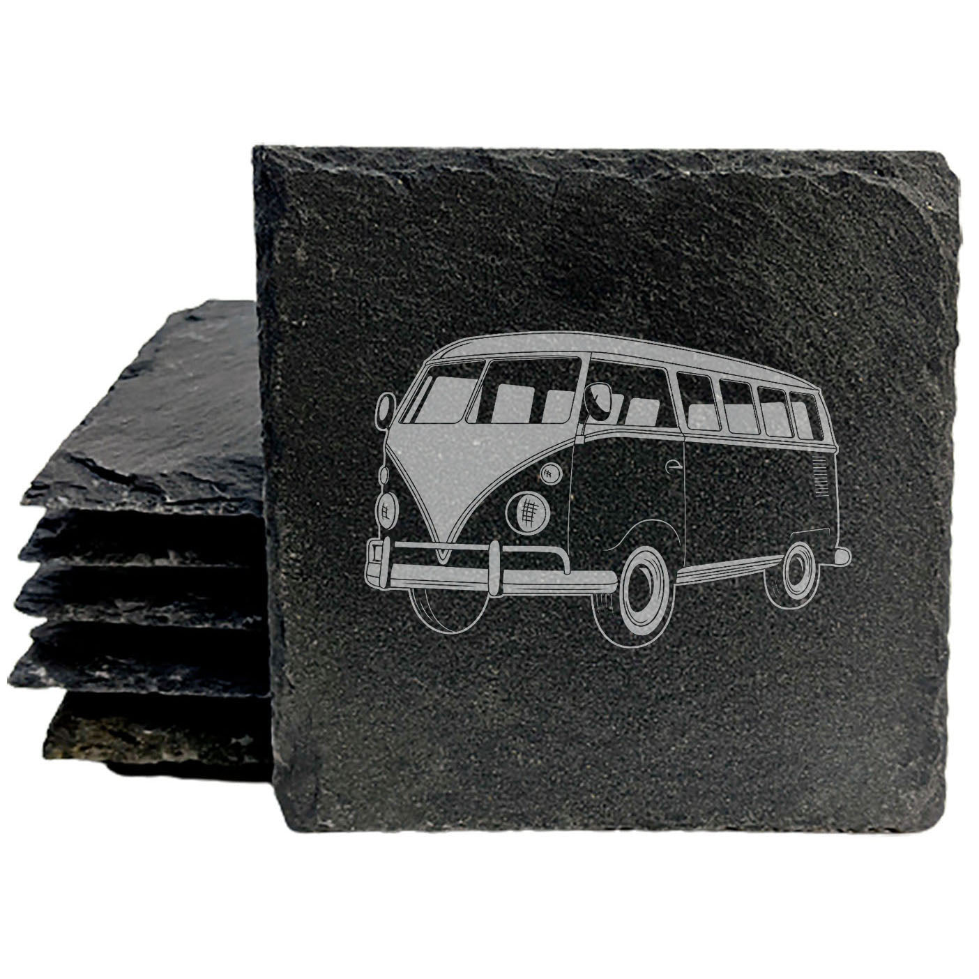 Vintage VW Bus Coasters - Laser-Etched Slate Drink Mats for Retro Vibe Home Decor