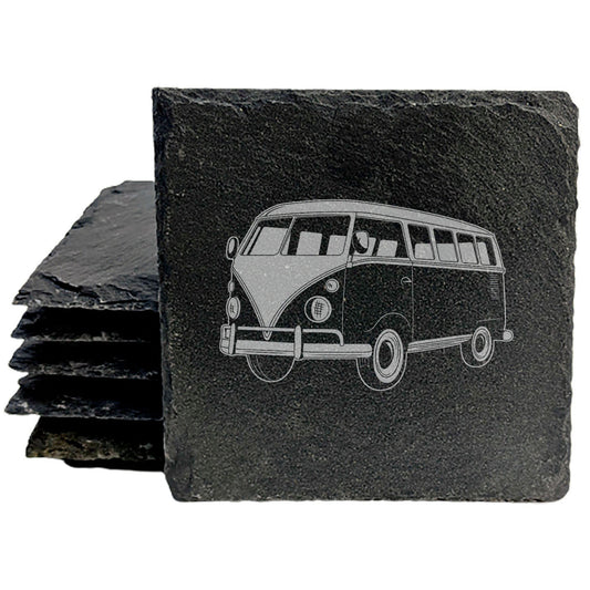 Vintage VW Bus Coasters - Laser-Etched Slate Drink Mats for Retro Vibe Home Decor