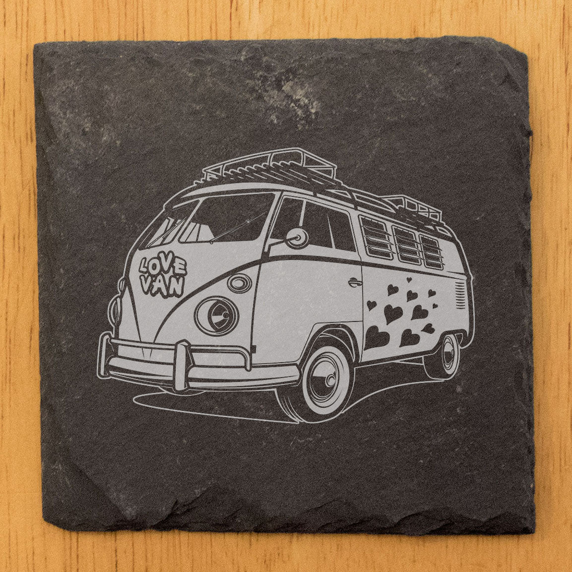 Vintage VW Love Bus Slate Coasters Set - Laser-Etched Retro Volkswagen Design for Stylish Home Decor &amp; Protection