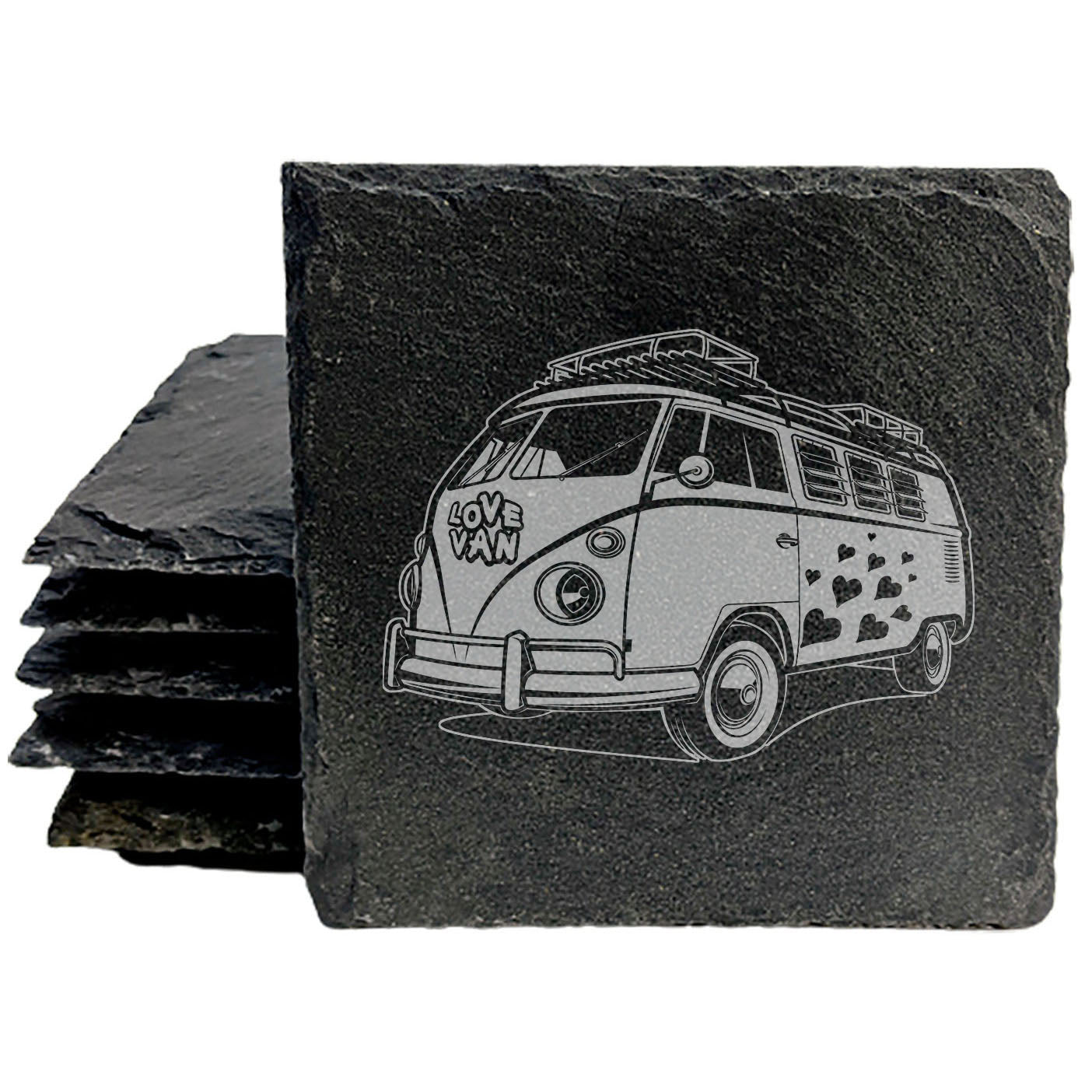 Vintage VW Love Bus Slate Coasters Set - Laser-Etched Retro Volkswagen Design for Stylish Home Decor &amp; Protection