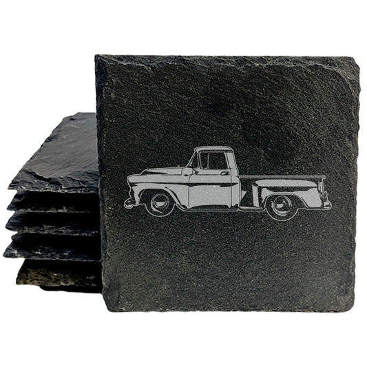 Vintage Truck Delight: Laser-Etched Slate Coasters Set for Stylish Home Decor &amp; Drink Protection