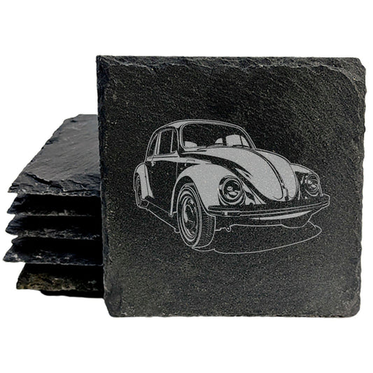 Vintage VW Bug Slate Coasters Set - Retro Laser-Etched Drink Mats for Car Enthusiasts!