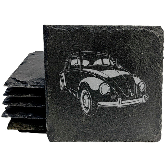 Vintage VW Beetle Delight: Set of Slate Coasters with Laser-Etched Charm - Stylish Home Decor and Perfect Gift for Car Enthusiasts!