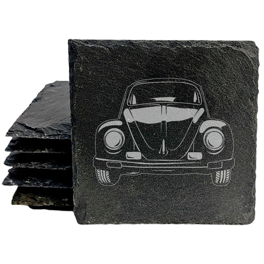 Vintage VW Beetle Slate Coasters Set - Retro Laser-Etched Drink Mats for Car Enthusiasts &amp; Home Decor