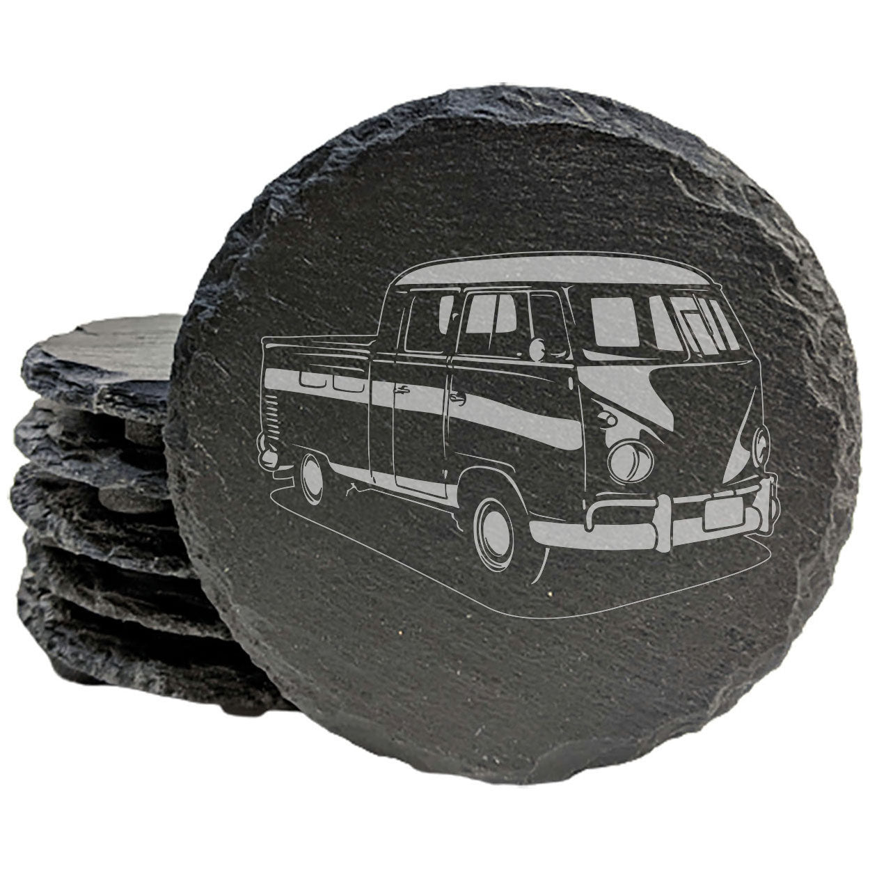 VW T1  Pickup Rustic Gray Slate Coasters Set of 4 - Laser Etched Design, Perfect for Holidays, Birthdays &amp; Housewarming Gifts - Natural Chipped Edge with Rubber Feet - Made in Oregon USA
