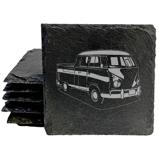 VW T1  Pickup Rustic Gray Slate Coasters Set of 4 - Laser Etched Design, Perfect for Holidays, Birthdays &amp; Housewarming Gifts - Natural Chipped Edge with Rubber Feet - Made in Oregon USA