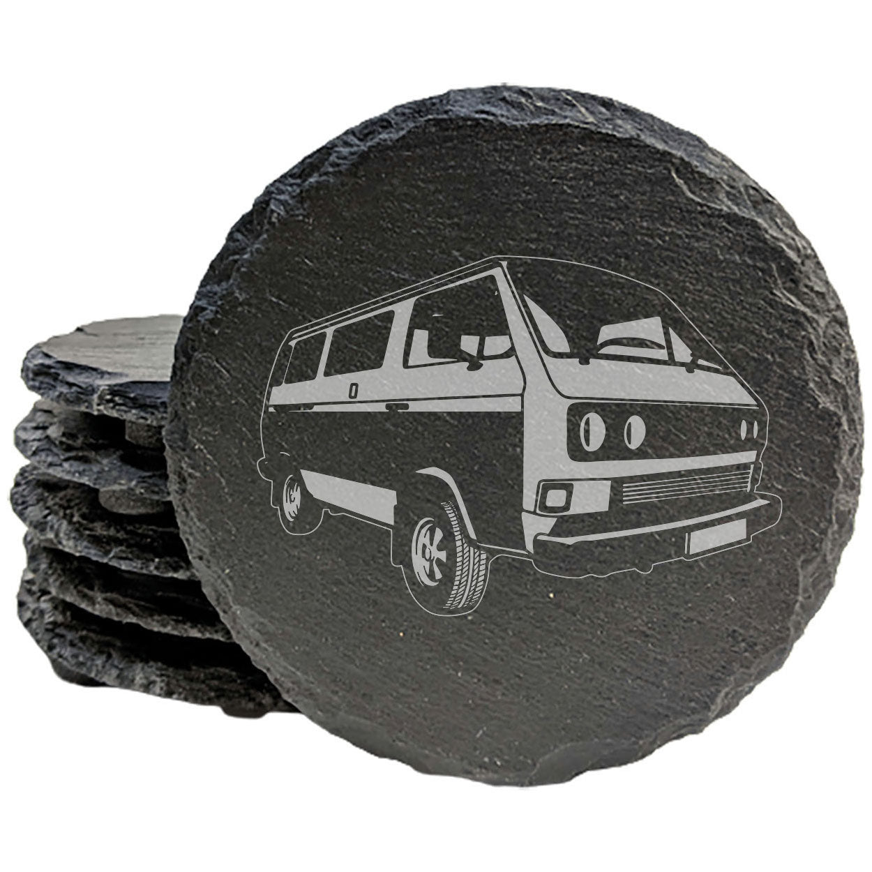VW Transporter T3 Van Design Rustic Gray Slate Coasters Set of 4 - Laser Etched, Perfect for Holidays, Birthdays &amp; Housewarming Gifts - Round or Square with Natural Chipped Edge &amp; Rubber Feet