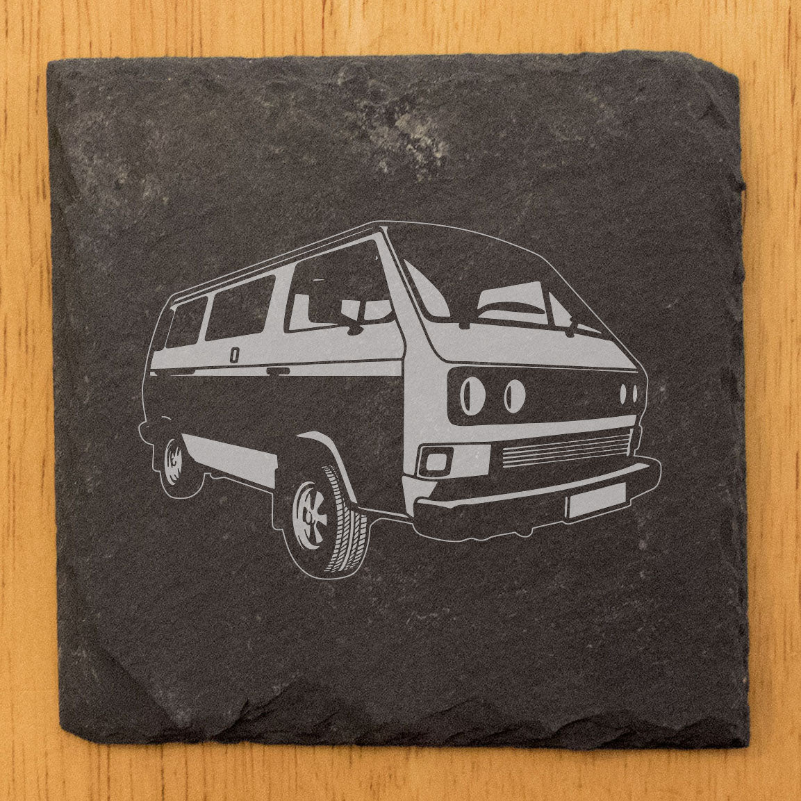 VW Transporter T3 Van Design Rustic Gray Slate Coasters Set of 4 - Laser Etched, Perfect for Holidays, Birthdays &amp; Housewarming Gifts - Round or Square with Natural Chipped Edge &amp; Rubber Feet