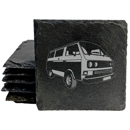 VW Transporter T3 Van Design Rustic Gray Slate Coasters Set of 4 - Laser Etched, Perfect for Holidays, Birthdays &amp; Housewarming Gifts - Round or Square with Natural Chipped Edge &amp; Rubber Feet