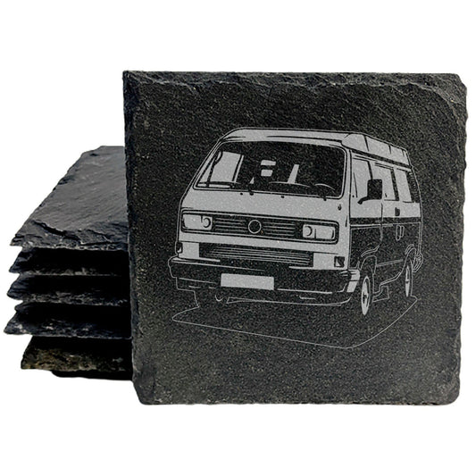 VW Transporter T3 Van Design Rustic Gray Slate Coasters Set of 4 - Perfect All-Occasion Gifts for Holidays, Birthdays, Housewarming - Round or Square with Natural Chipped Edge &amp; Rubber Feet