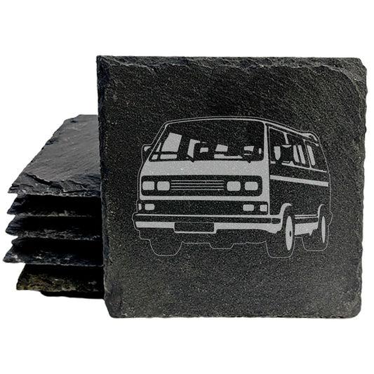 Classic VW Transporter T3 Van Design Rustic Gray Slate Coasters Set of 4 - Perfect All-Occasion Gifts for Holidays, Birthdays, Housewarming - Round or Square with Natural Chipped Edge &amp; Rubber Feet