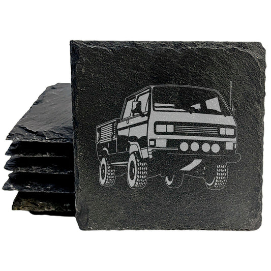 1989 VW Transporter Truck Design Rustic Gray Slate Coasters Set of 4 - Laser Etched, Natural Chipped Edge, Rubber Feet - Perfect for Holidays, Birthdays, Housewarming Gifts - Made in Oregon USA