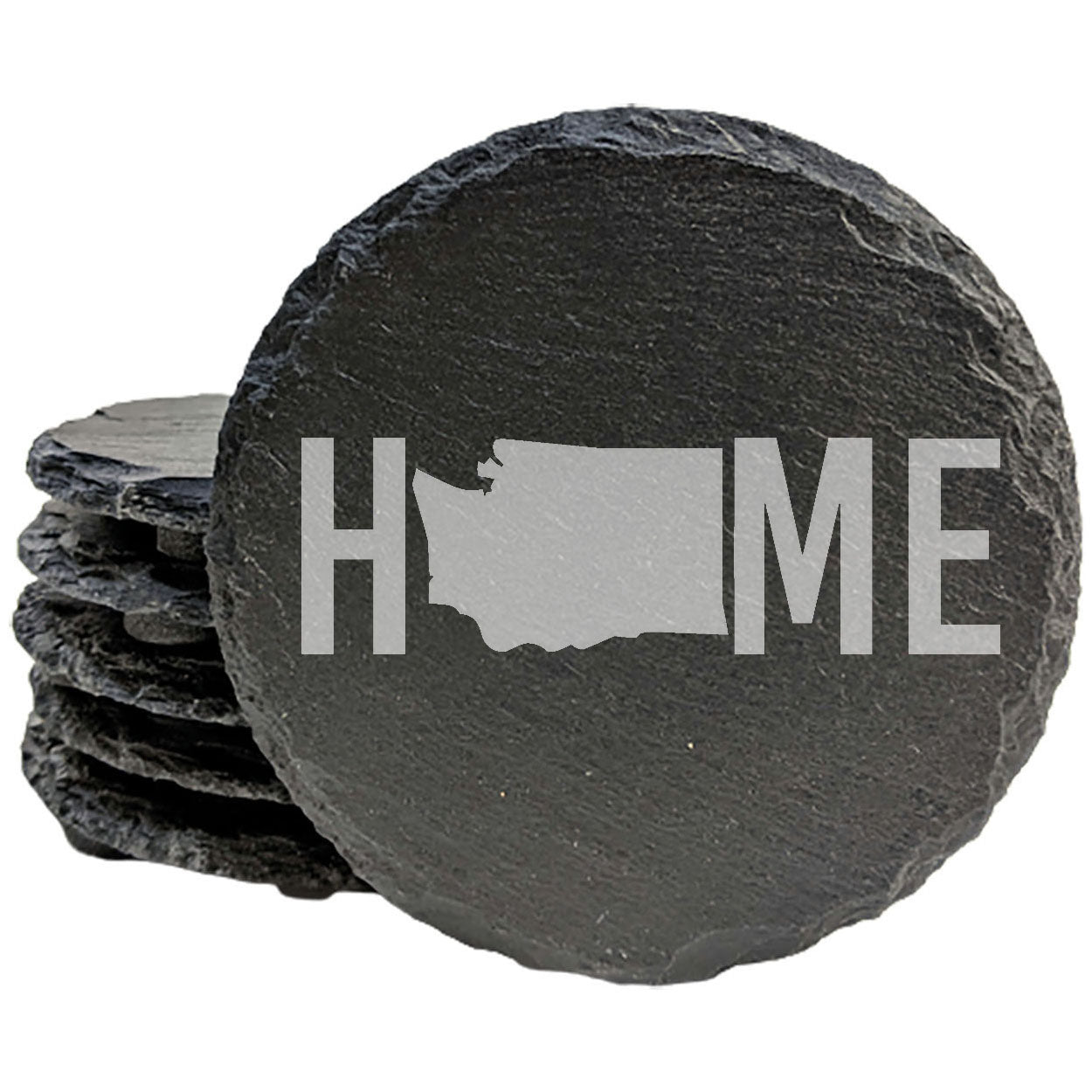 Rustic Slate Coasters Set of 4 - Laser Etched 'HOME' Design with Washington State - Perfect Gift for Holidays, Birthdays, Housewarming - 4" Round, Natural Chipped Edge, Made in Oregon, USA