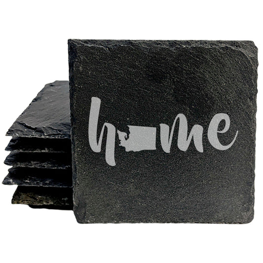 Rustic Slate Coasters Set of 4 - Laser Etched 'Home' Design with Washington State - Perfect Gift for Holidays, Birthdays, Housewarming - 4" Round/Square - Made in Oregon, USA - Natural Edge