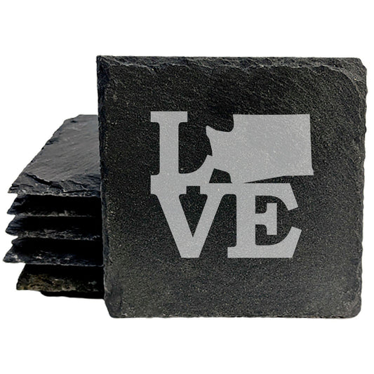 Rustic Slate Coasters Set of 4, Laser Etched 'LOVE' Design, Perfect Gift for Holidays, Birthdays, Housewarming, She-Shed, Man Cave, Made in Oregon, USA, 4" Round, Natural Chipped Edge, Rubber Feet