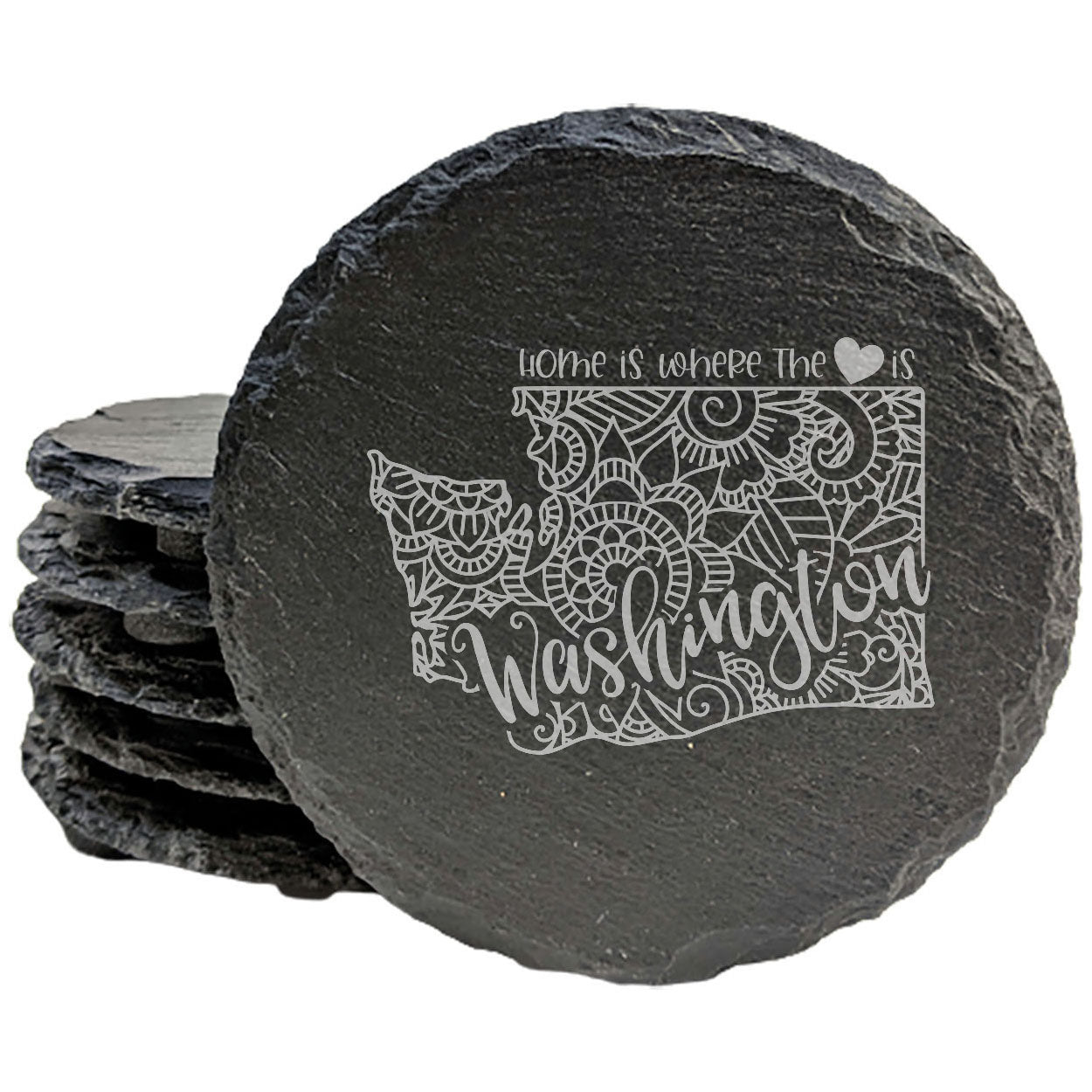 Rustic Slate Coasters Set of 4, Round 4" with Washington Mandala Design, 'Home is Where the Heart Is' Quote, Perfect for Gifts, Housewarming, She-Shed, Man Cave, Made in Oregon, USA