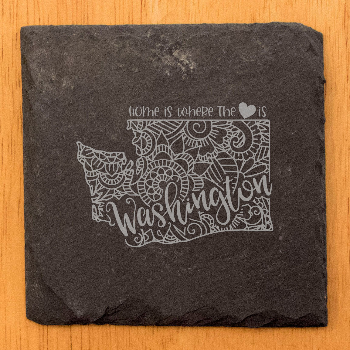 Rustic Slate Coasters Set of 4, Round 4" with Washington Mandala Design, 'Home is Where the Heart Is' Quote, Perfect for Gifts, Housewarming, She-Shed, Man Cave, Made in Oregon, USA