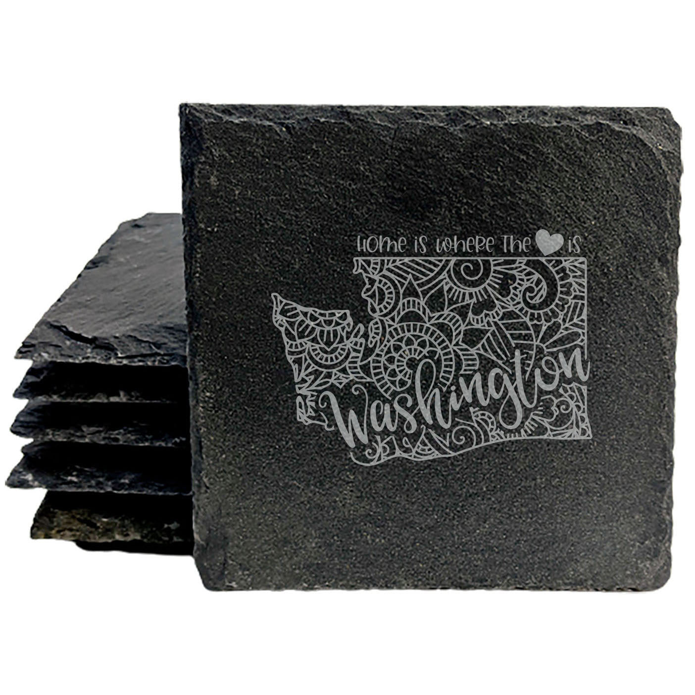 Rustic Slate Coasters Set of 4, Round 4" with Washington Mandala Design, 'Home is Where the Heart Is' Quote, Perfect for Gifts, Housewarming, She-Shed, Man Cave, Made in Oregon, USA