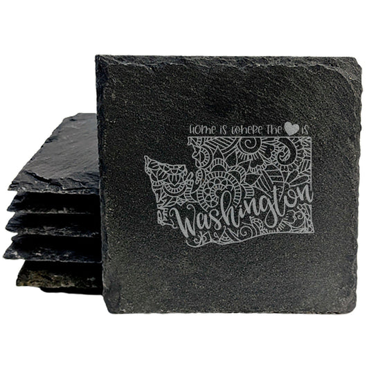 Rustic Slate Coasters Set of 4, Round 4" with Washington Mandala Design, 'Home is Where the Heart Is' Quote, Perfect for Gifts, Housewarming, She-Shed, Man Cave, Made in Oregon, USA