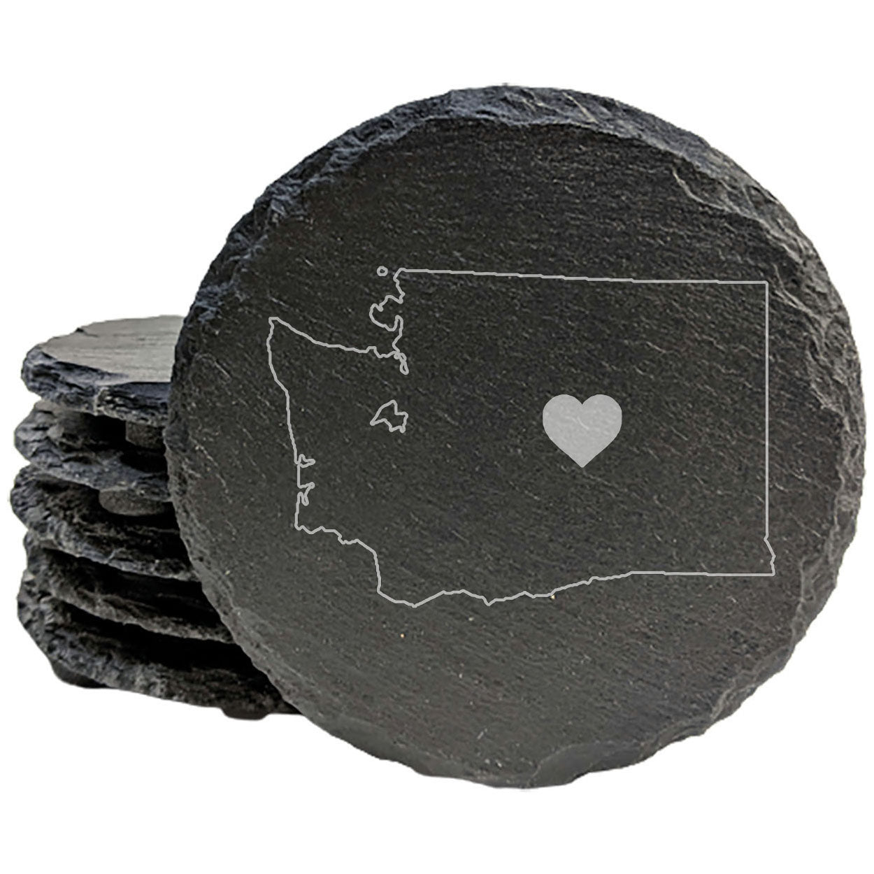 Rustic Slate Coasters Set of 4, Round 4" with Washington State Heart Design, Perfect for Holidays, Birthdays, Housewarming Gifts, She-Shed or Man Cave, Made in Oregon, USA, Natural Chipped Edge