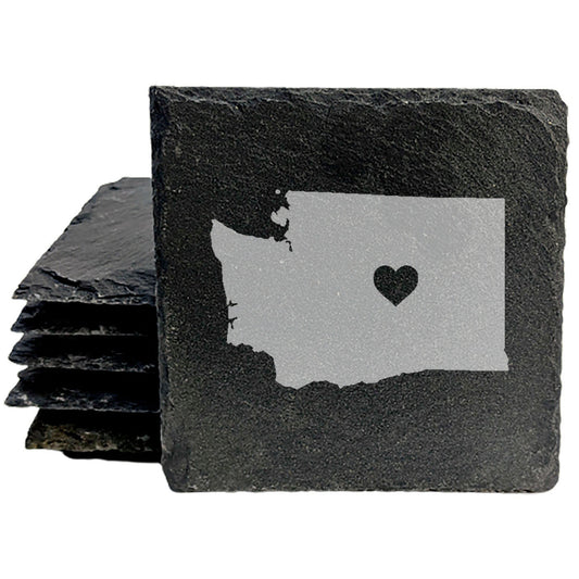 Rustic Slate Coasters Set of 4, Round 4" with Washington State Heart Design, Perfect for Holidays, Birthdays, Housewarming Gifts, She-Shed or Man Cave, Made in Oregon, USA, Natural Chipped Edge