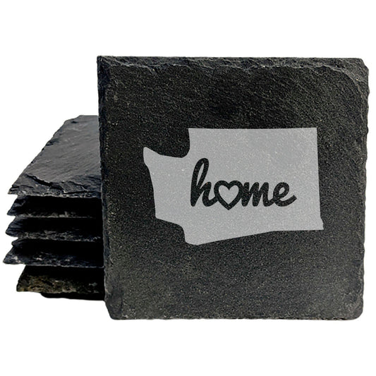 Rustic Slate Coasters Set of 4, Round 4" with Washington State 'Home' Heart Design, Perfect for Holidays, Birthdays, Housewarming Gifts, Made in Oregon, USA, Natural Chipped Edge, Rubber Feet