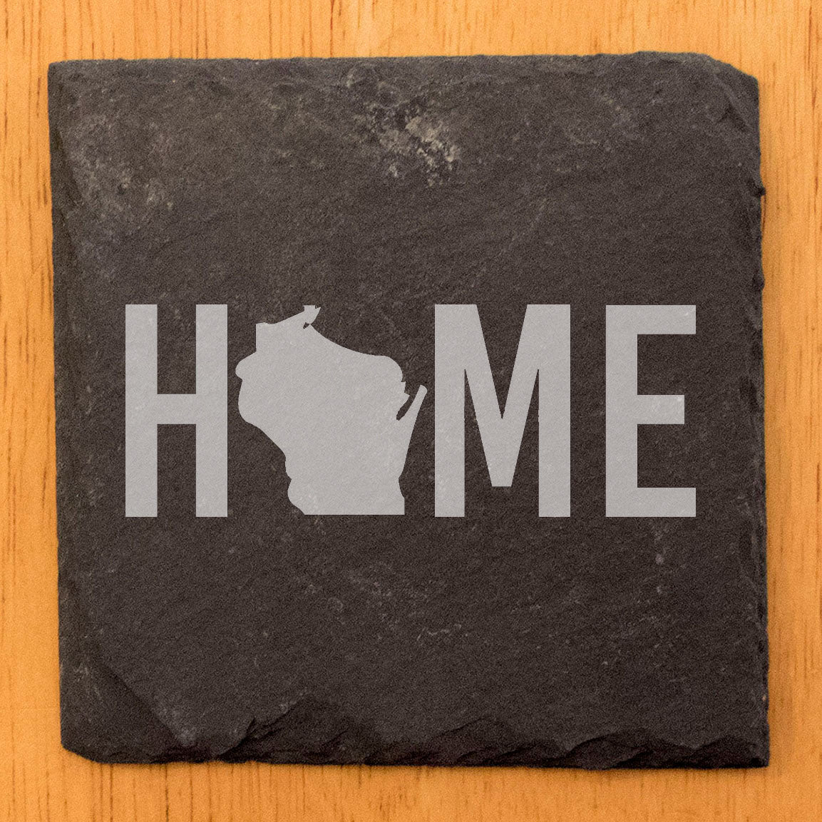 Rustic Slate Coasters Set of 4 - Laser Etched 'HOME' Design with Wisconsin State - Perfect Gift for Holidays, Birthdays, Housewarming - 4" Round, Natural Chipped Edge, Made in Oregon, USA