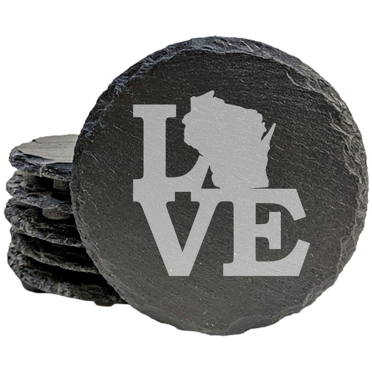 Rustic Slate Coasters Set of 4 - Laser Etched 'LOVE' Design with Wisconsin State - Perfect Gift for Holidays, Birthdays, Housewarming - 4" Round, Natural Chipped Edge, Made in Oregon, USA