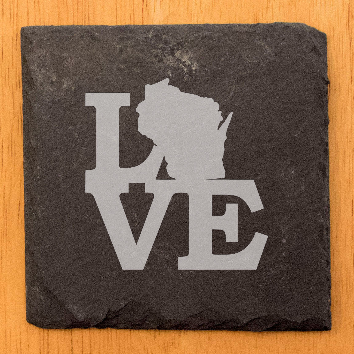 Rustic Slate Coasters Set of 4 - Laser Etched 'LOVE' Design with Wisconsin State - Perfect Gift for Holidays, Birthdays, Housewarming - 4" Round, Natural Chipped Edge, Made in Oregon, USA