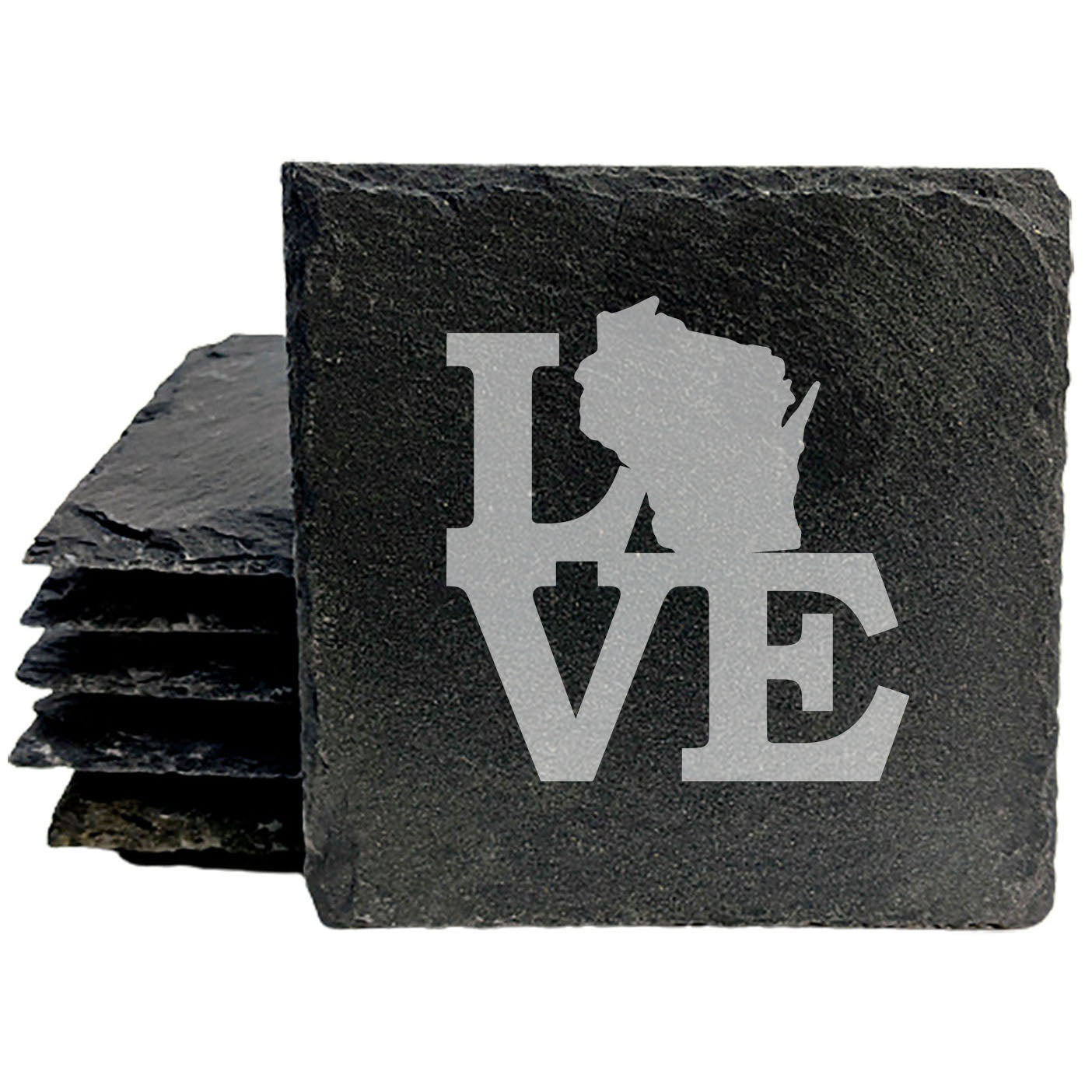 Rustic Slate Coasters Set of 4 - Laser Etched 'LOVE' Design with Wisconsin State - Perfect Gift for Holidays, Birthdays, Housewarming - 4" Round, Natural Chipped Edge, Made in Oregon, USA
