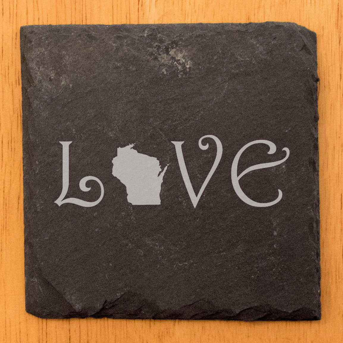 Rustic Slate Coasters Set of 4, Laser Etched 'LOVE' Design with Wisconsin Shape, 4" Square, Natural Chipped Edge, Rubber Feet, , Perfect for She-Shed or Man Cave, Made in Oregon