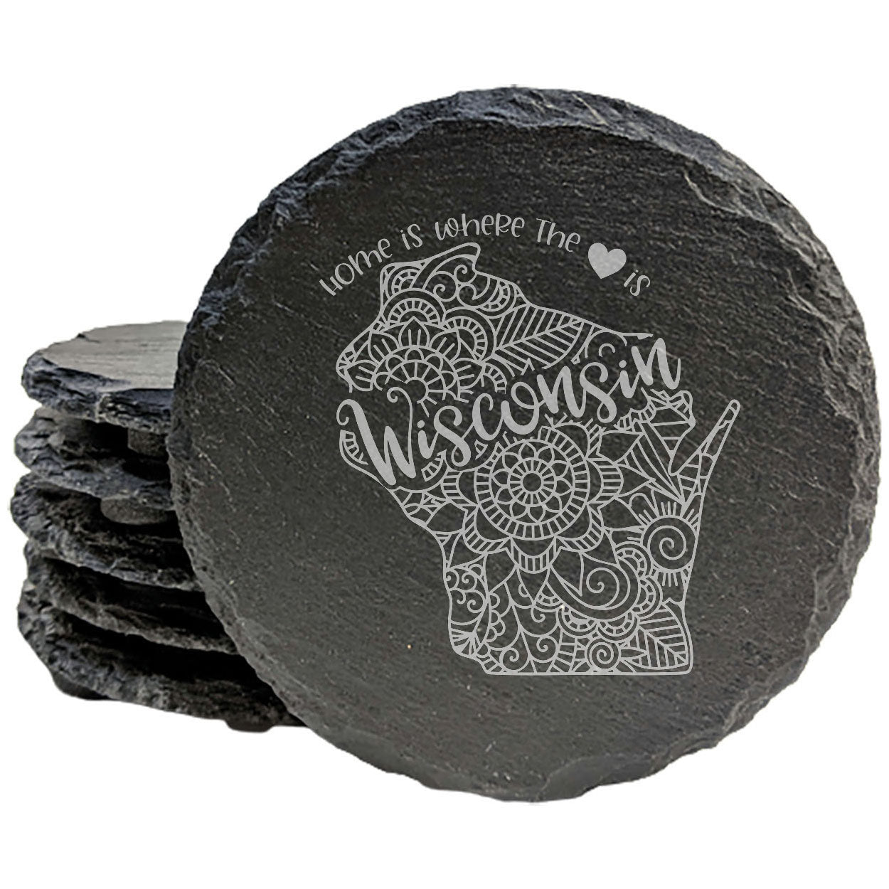 Rustic Slate Coasters Set of 4 - Round 4" with Wisconsin Mandala Design, 'Home is Where the Heart Is' - Perfect Gift for Holidays, Birthdays, Housewarming - Made in Oregon, USA - Natural Edge