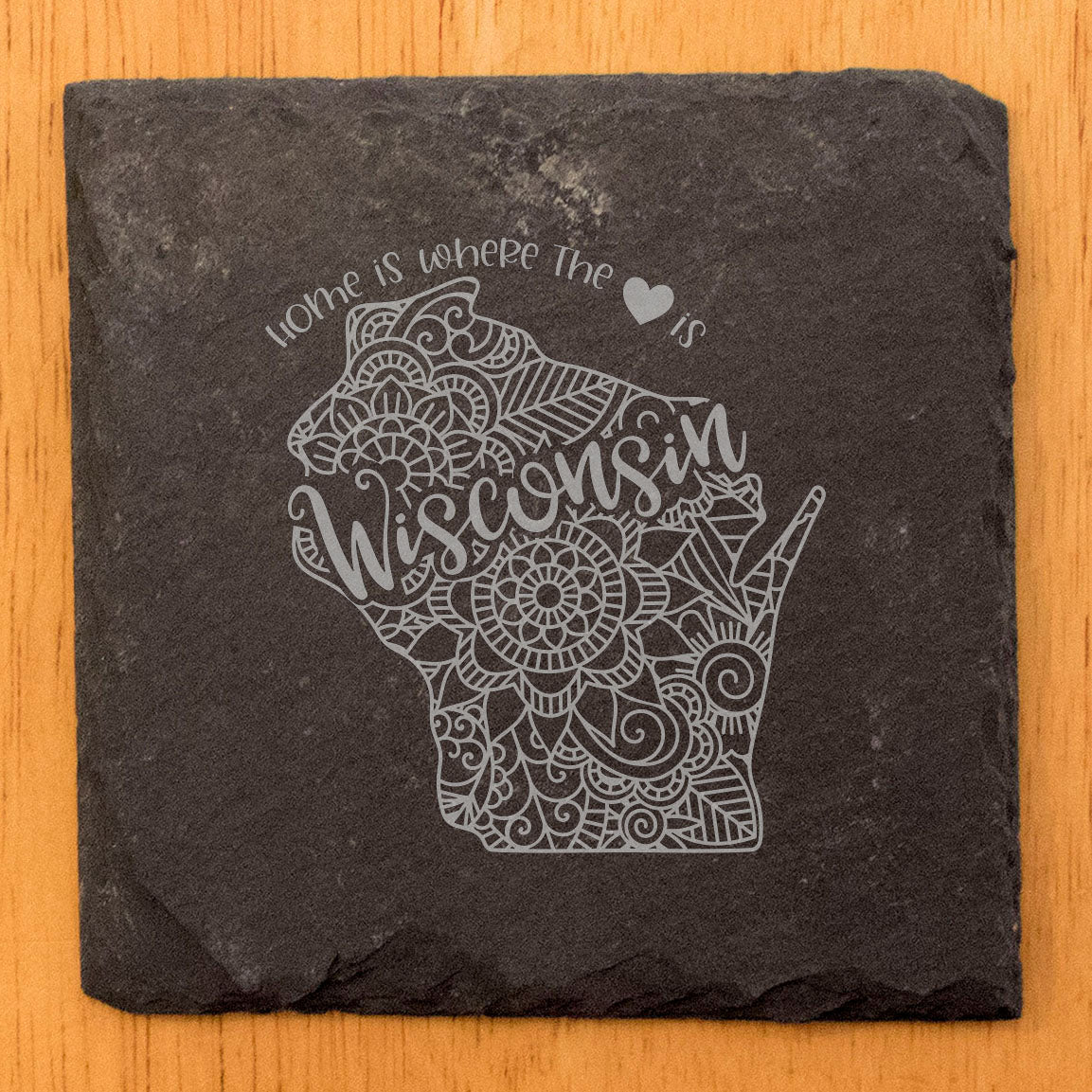 Rustic Slate Coasters Set of 4 - Round 4" with Wisconsin Mandala Design, 'Home is Where the Heart Is' - Perfect Gift for Holidays, Birthdays, Housewarming - Made in Oregon, USA - Natural Edge
