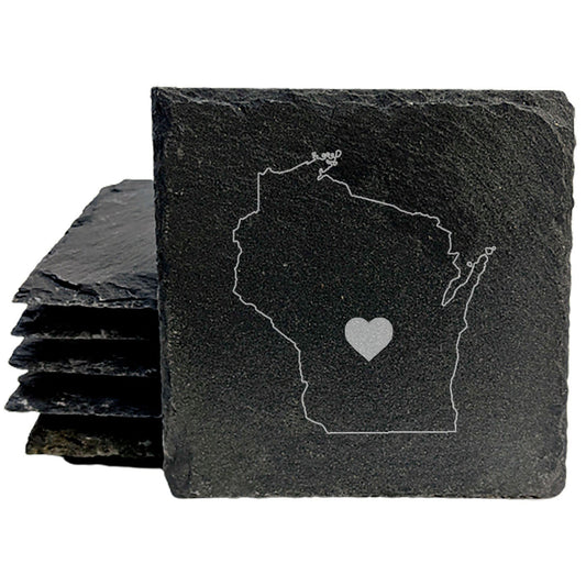 Rustic Slate Coasters Set of 4, Round 4" with Wisconsin Heart Design, Perfect for Holidays, Birthdays, Housewarming Gifts, She-Shed or Man Cave, Made in Oregon, USA, Natural Chipped Edge