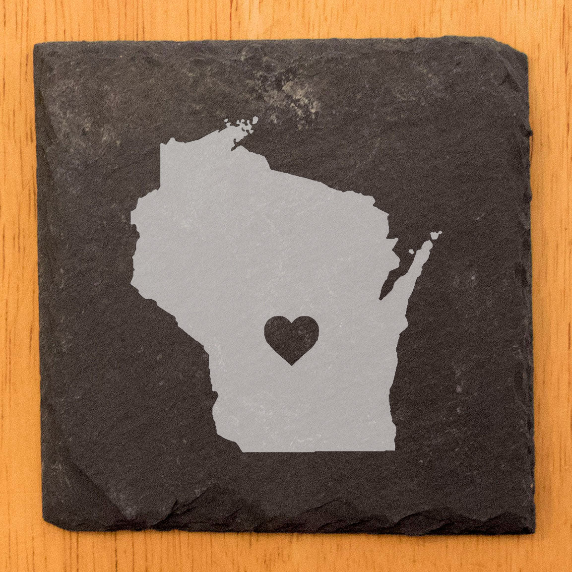 Rustic Slate Coasters Set of 4, Round 4" with Wisconsin Heart Design, Perfect for Holidays, Birthdays, Housewarming, She-Shed, Man Cave, Made in Oregon, USA, Natural Chipped Edge, Gift Boxed