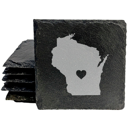 Rustic Slate Coasters Set of 4, Round 4" with Wisconsin Heart Design, Perfect for Holidays, Birthdays, Housewarming, She-Shed, Man Cave, Made in Oregon, USA, Natural Chipped Edge, Gift Boxed