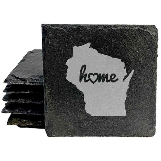 Rustic Slate Coasters Set of 4, Round 4" with Wisconsin 'Home' Heart Design, Perfect for Holidays, Birthdays, Housewarming Gifts, She-Shed or Man Cave, Made in Oregon, USA, Natural Chipped Edge