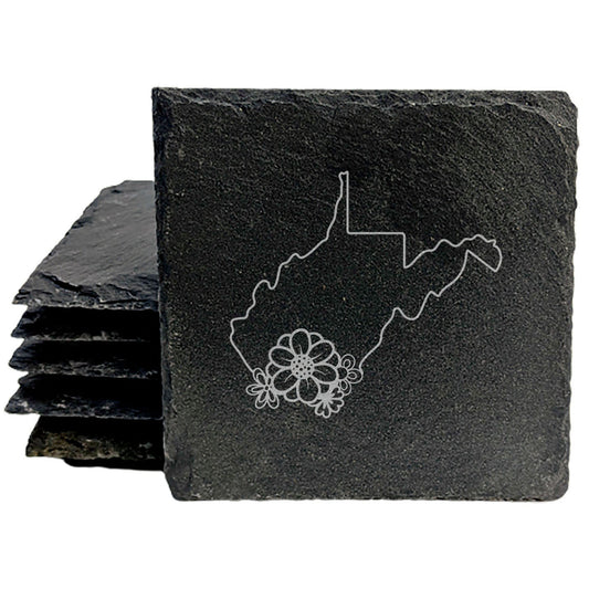 Rustic Slate Coasters Set of 4 - Laser Etched West Virginia Design with Flower - Perfect Gift for Holidays, Birthdays, Housewarming - 4" Round or Square - Made in Oregon, USA - Natural Edge