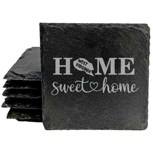 Rustic Slate Coasters Set of 4, 4" Round, Laser Etched 'HOME SWEET HOME' Design, Perfect Gift for Holidays, Birthdays, Housewarming, She-Shed, Man Cave, Made in Oregon, USA, Natural Chipped Edge