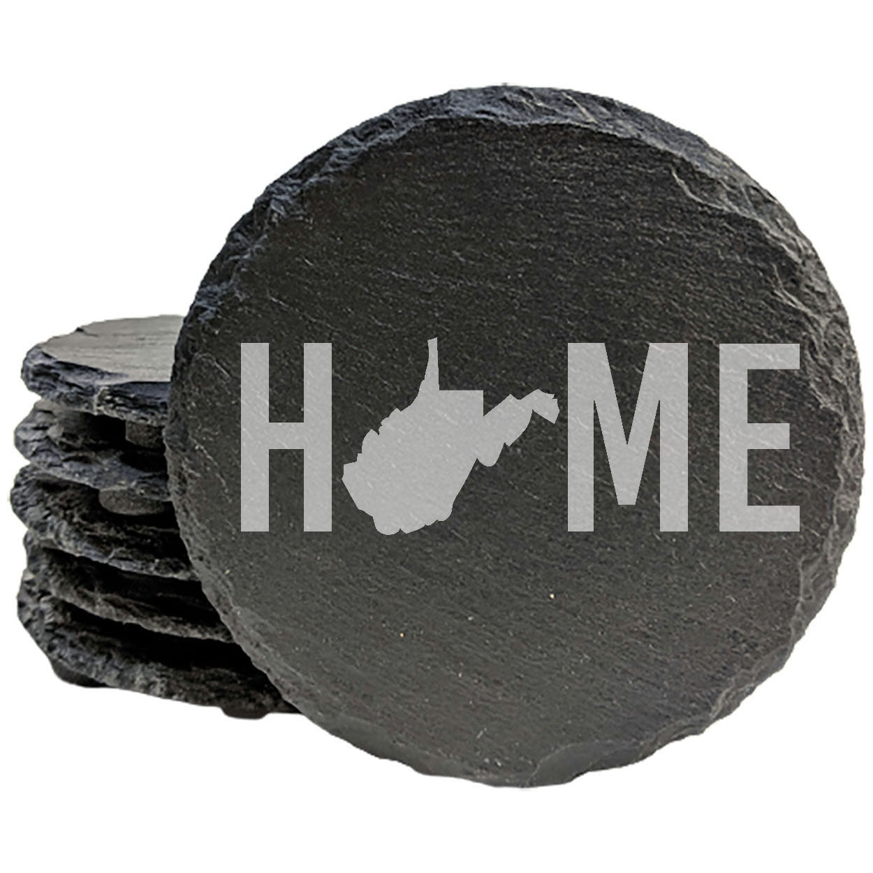 Rustic Slate Coasters Set of 4, Laser Etched 'HOME' Design with West Virginia State, 4" Round, Natural Chipped Edge, Rubber Feet, Perfect Gift for Holidays, Birthdays, Housewarming, Made in USA