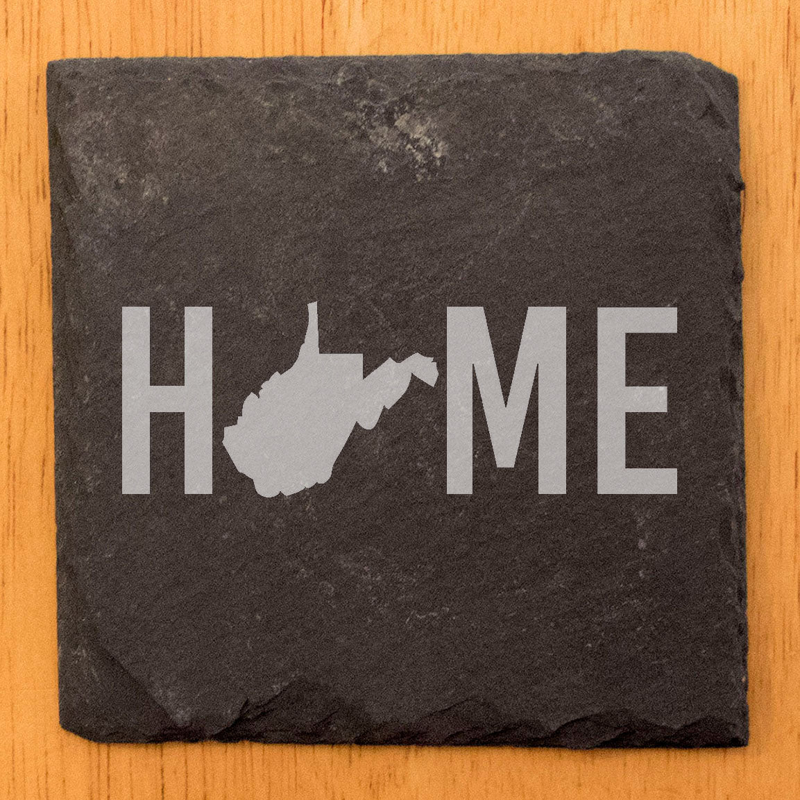 Rustic Slate Coasters Set of 4, Laser Etched 'HOME' Design with West Virginia State, 4" Round, Natural Chipped Edge, Rubber Feet, Perfect Gift for Holidays, Birthdays, Housewarming, Made in USA