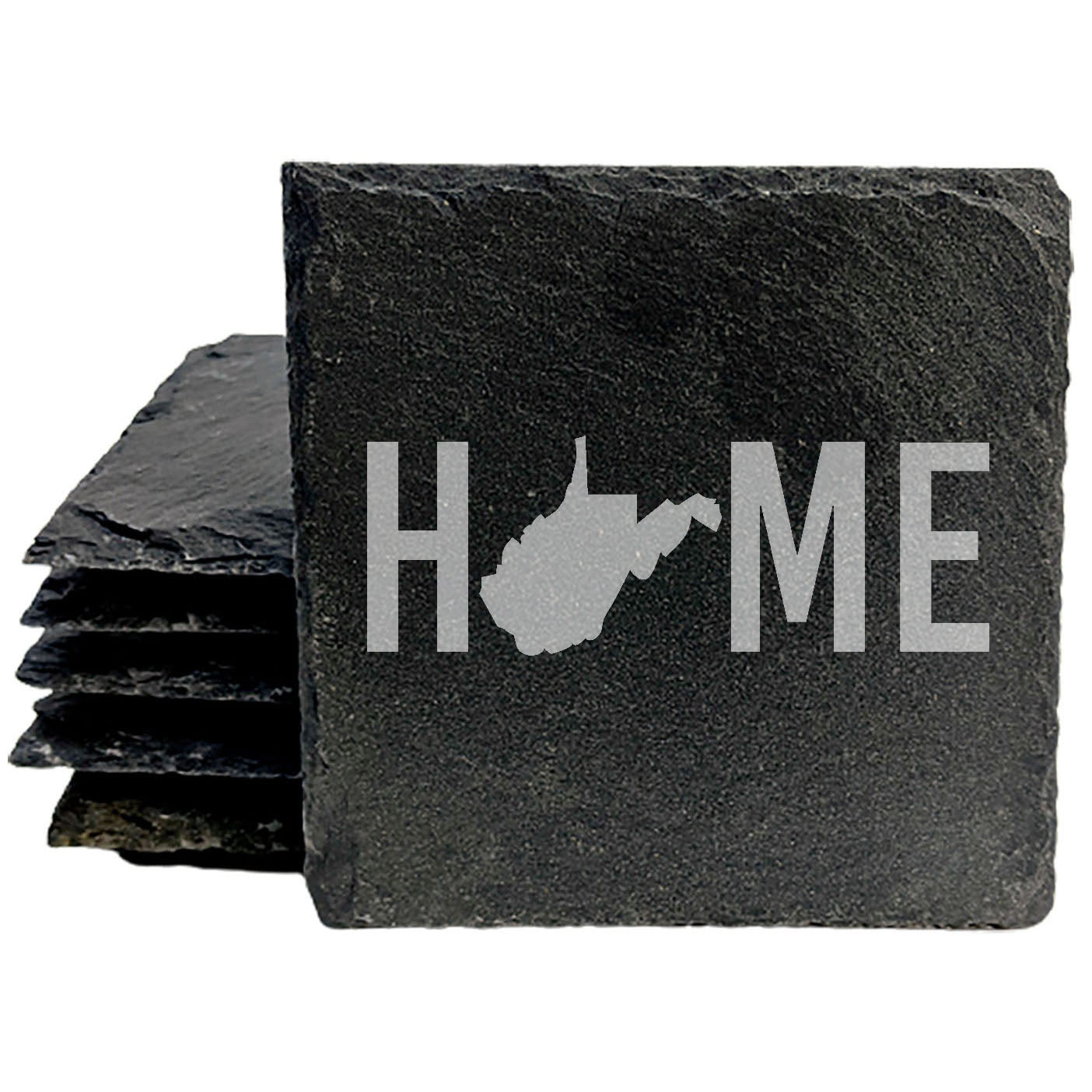 Rustic Slate Coasters Set of 4, Laser Etched 'HOME' Design with West Virginia State, 4" Round, Natural Chipped Edge, Rubber Feet, Perfect Gift for Holidays, Birthdays, Housewarming, Made in USA