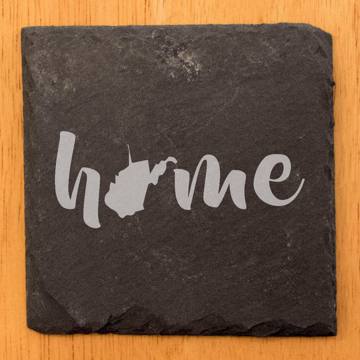 Rustic Slate Coasters Set of 4 - Laser Etched 'Home' Design with West Virginia State - Perfect Gift for Holidays, Birthdays, Housewarming - 4" Round/Square - Made in Oregon, USA - Natural Edge